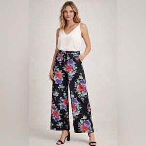 Nanette Lepore Black Wide-Leg Floral Silk Pants with Multicolor Blooms